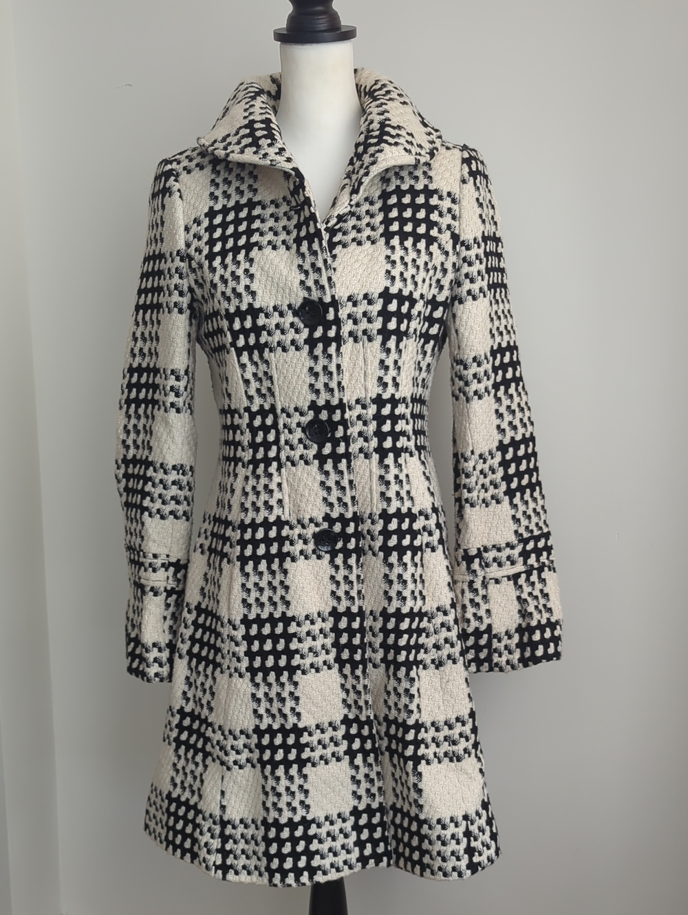 Via Spiga Vintage Monochrome Plaid Flared Skirt Bell Sleeve Winter Peacoat